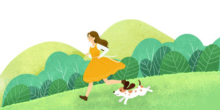 卡通手绘春天春季女孩小狗奔跑背景素材